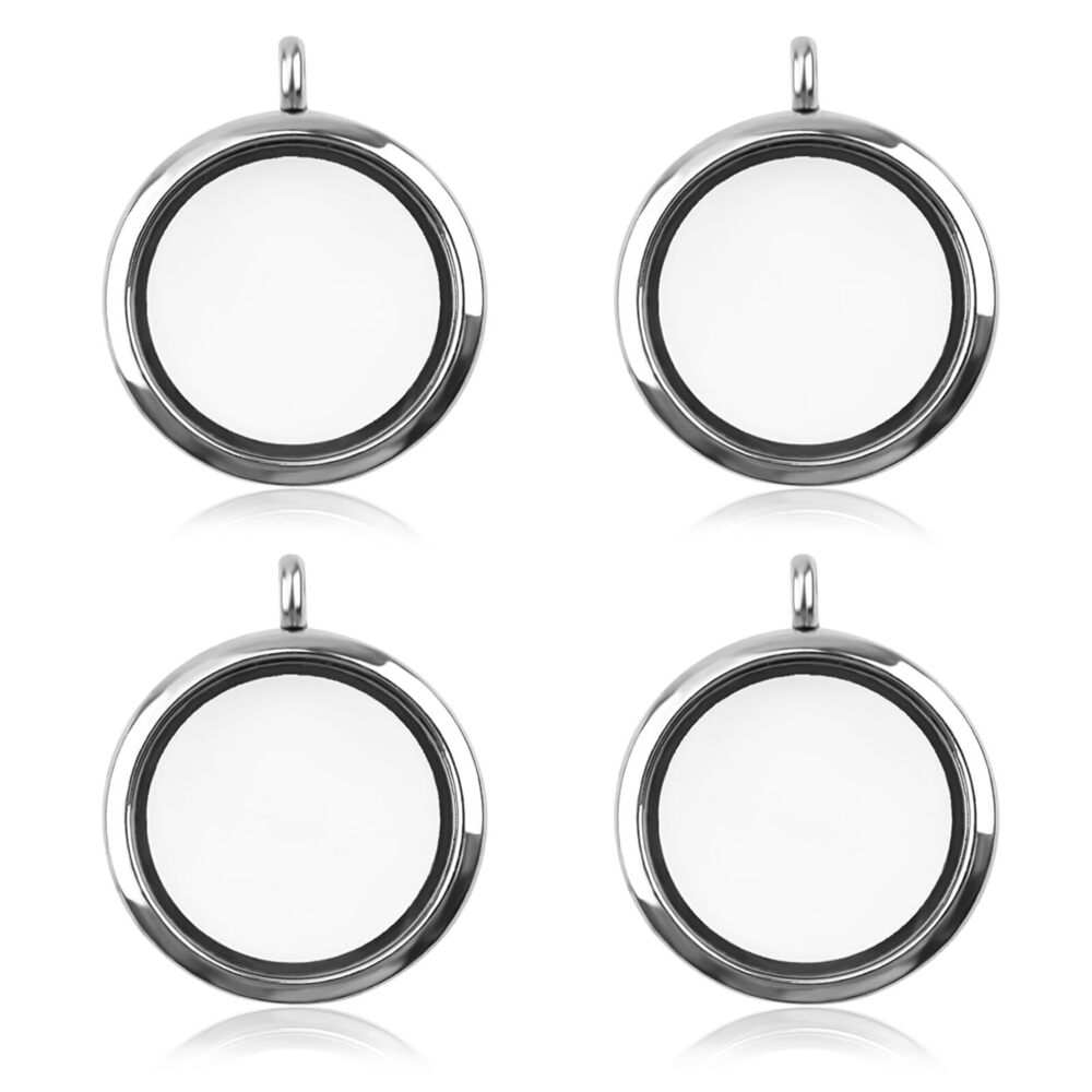 1095 Memory Locket Photo Charms, 4 Pcs 30mm Round Silver White